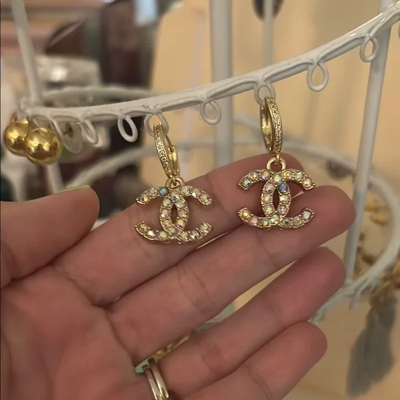 Iridescent Multicolor Chanel stamped Zipper Pull Crystal Earrings - Picture 3 of 9